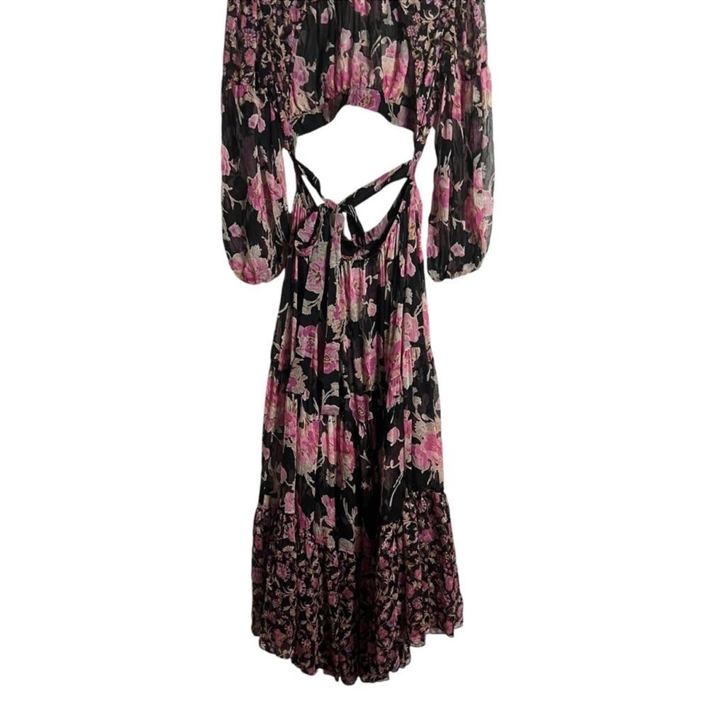 MISA Charlotta Black Pink Floral Print Long Sleeve Open Back Maxi Dress Size XL - Picture 2 of 12